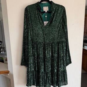 Sail to Sable Emerald Green Sequin Tiered Long-Sleeve Dress